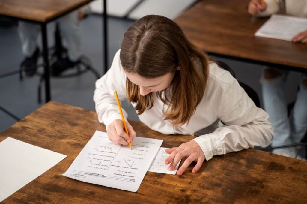 una chica haciendo un examen en una banca de madera 